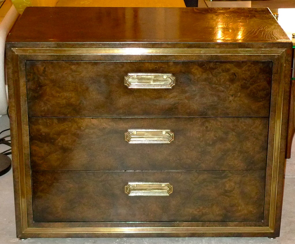 Pair of three drawer chests or small dressers which can also be used as larger sized nightstands.  Signed Mastercraft, Grand Rapids (cloth label, red print, dating this pair from the very early 1970's) designed by William Doezema.  Fabulous quality