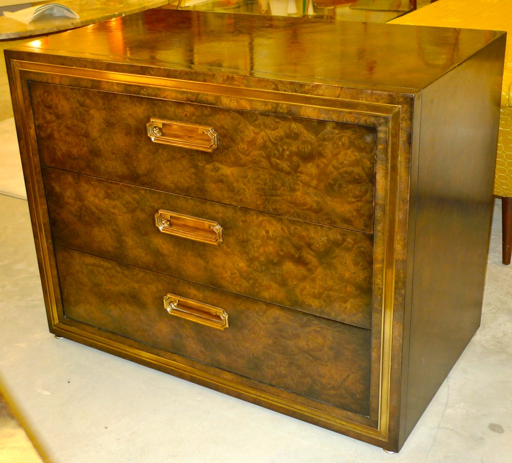Late 20th Century Pair of Mastercraft 3 Drawer Chests in Brass and Carpathian Elm