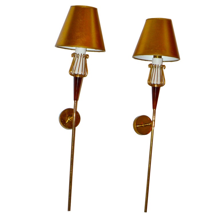 Pair of French 1950's Torch Style Brass Sconces For Sale