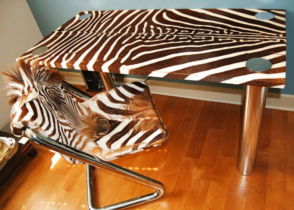 American Karl Springer Style Chrome & Zebra Hide Desk with Chair