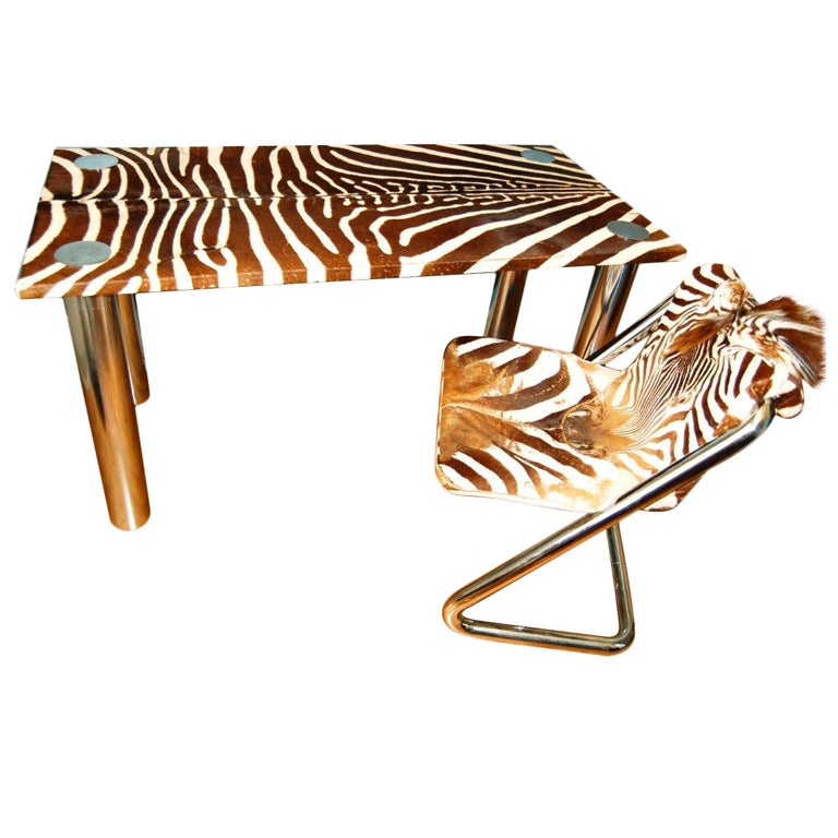 Karl Springer Style Chrome & Zebra Hide Desk with Chair