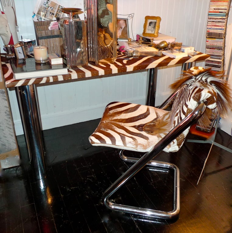 Karl Springer Style Chrome & Zebra Hide Desk with Chair 4