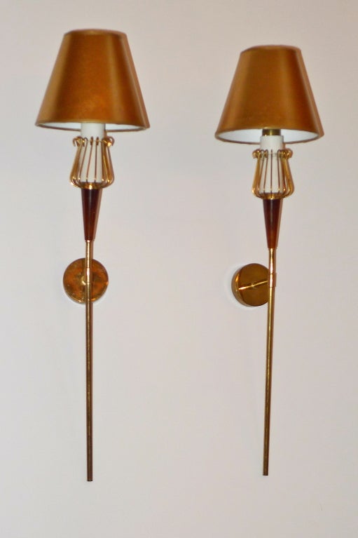 Mid-20th Century Pair of French 1950's Torch Style Brass Sconces For Sale