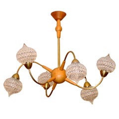 French 1950s Atomic Chandelier, Maple Wood & Brass, Kinetic Design