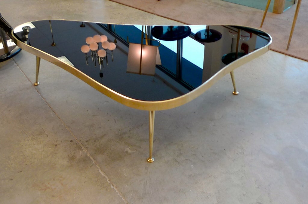 1950's Italian Amoeba Form Brass & Black Mirror Cocktail Table