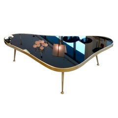 1950's Italian Amoeba Form Brass & Black Mirror Cocktail Table