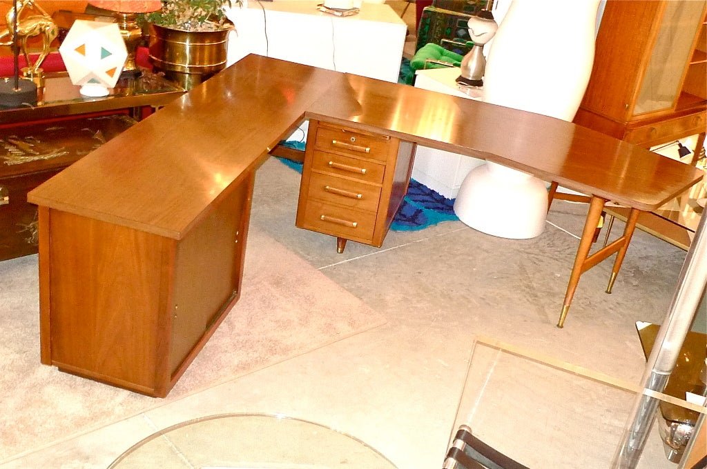 Mid Century Modern Boomerang Walnut Desk & Credenza Table 1