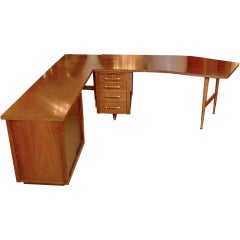 Mid Century Modern Boomerang Walnut Desk & Credenza Table