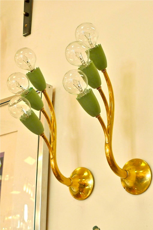 1950's Italian Three Branch Brass Wall Sconces