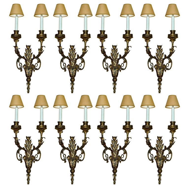 Set of Eight Italian Gilt Metal Double Branch Sconces For Sale