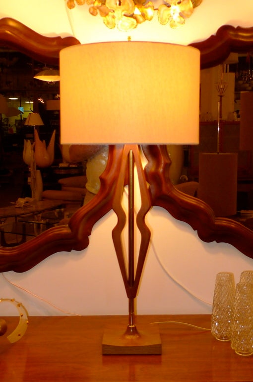 Danish Sculptural Teak & Brass Table Lamp