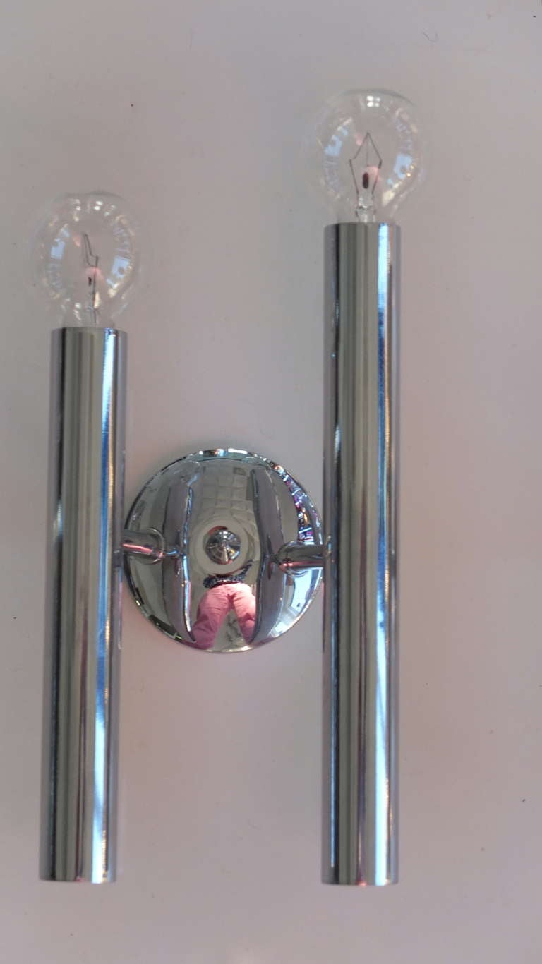 Pair of Italian Tubular Chrome Sconces In Excellent Condition In Hanover, MA