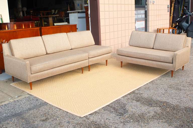 Three-piece seating ensemble by Harvey Probber. 

Newly upholstered in a golden sand colored woven herringbone fabric. New foam to original specs.

Immaculate and ready to install.

Original Harvey Probber labels. 

Sleek Mid-Century Modern