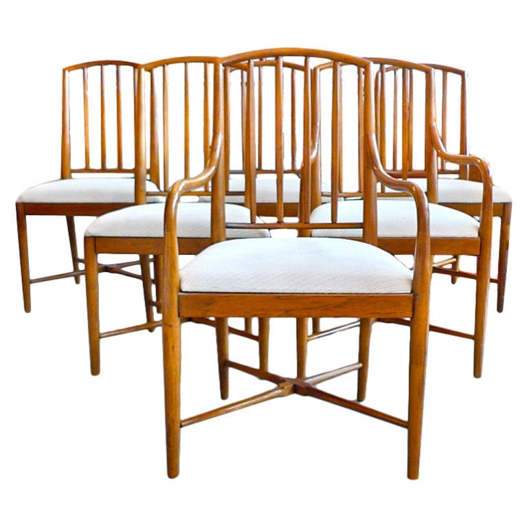 Seven Robsjohn-Gibbings Style Spindle Back Walnut Dining Chairs For Sale