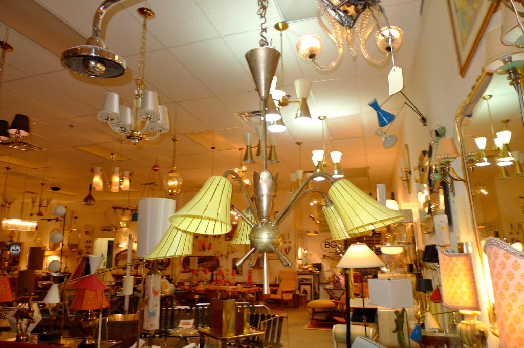 Mid-Century Modern French 1950's Brass Chandelier with Yellow Glass Shades For Sale