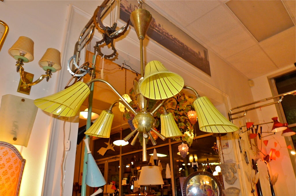French 1950's Brass Chandelier with Yellow Glass Shades In Good Condition For Sale In Hanover, MA