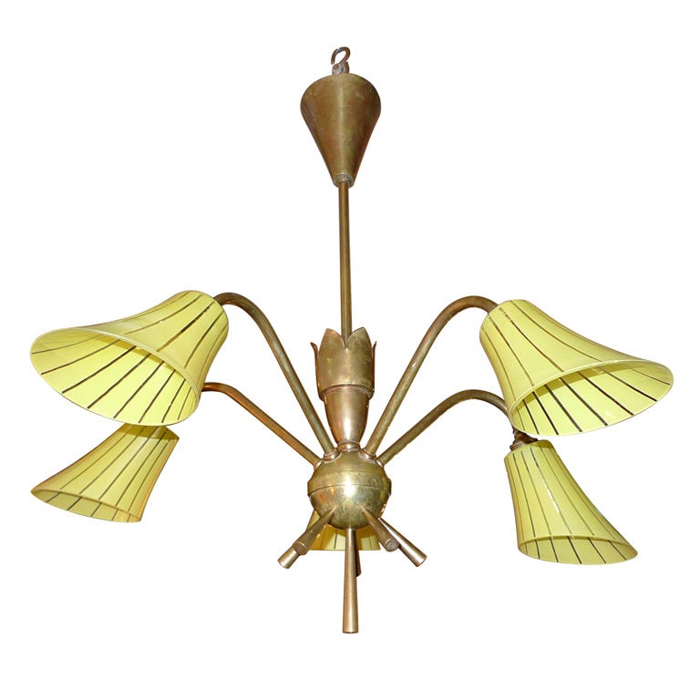 French 1950's Brass Chandelier with Yellow Glass Shades For Sale