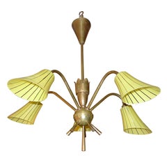 Used French 1950's Brass Chandelier with Yellow Glass Shades