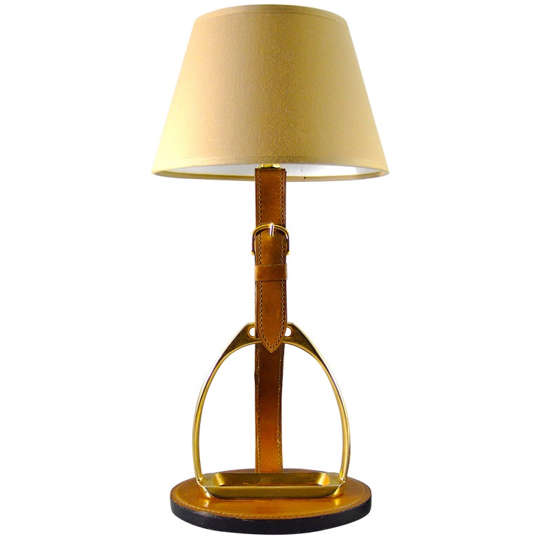 French Brass & Equestrian Stitched Leather Lamp by Longchamps