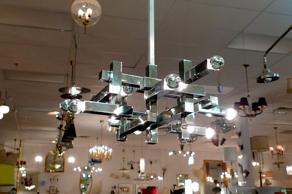 Italian 1970's Gaetano Sciolari Cubist Chandelier in Chrome