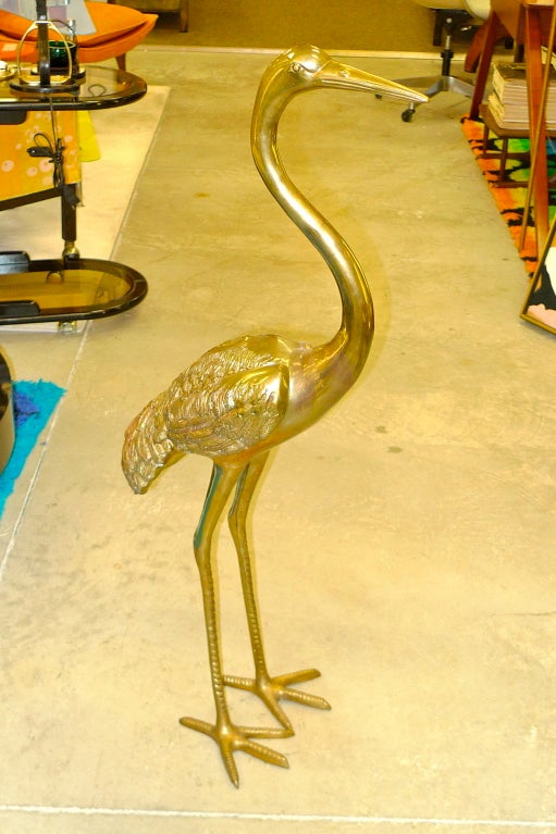 Hollywood Regency Tall Brass Heron Standing Floor Sculpture