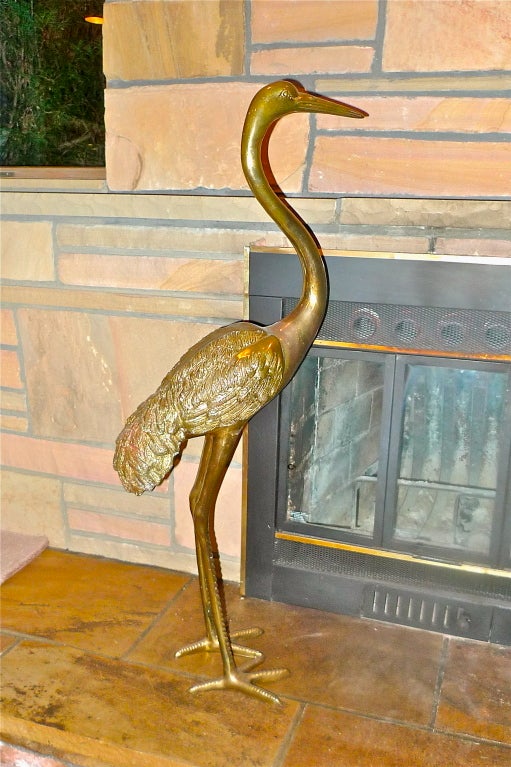 Mid-20th Century Tall Brass Heron Standing Floor Sculpture