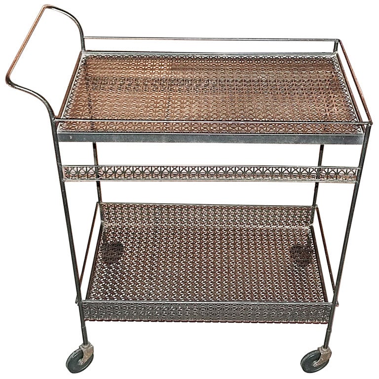 French 1950's Perforated Metal Bar Cart