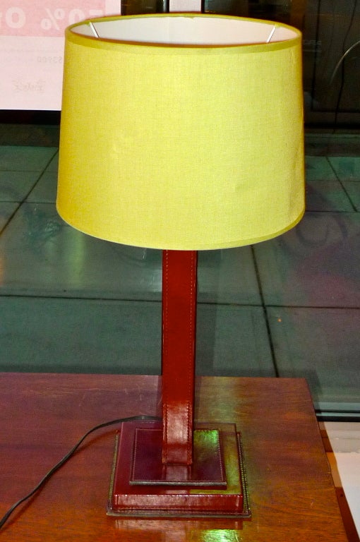 French 1950's Saddle Stitched Leather Square Column Lamp In Good Condition For Sale In Hanover, MA