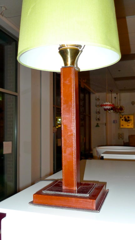 Mid-20th Century French 1950's Saddle Stitched Leather Square Column Lamp For Sale