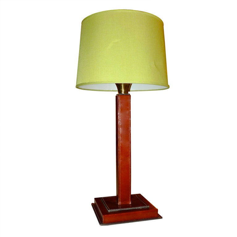 French 1950's Saddle Stitched Leather Square Column Lamp For Sale