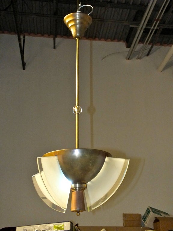 French Modernist Bronze & Glass Pendant For Sale 3