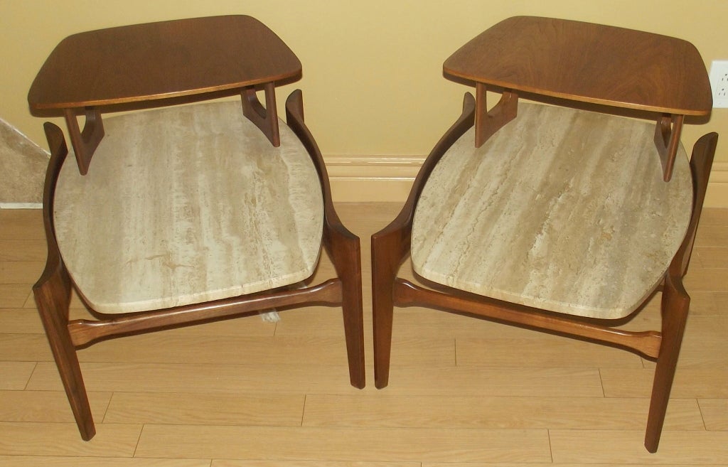 Mid-Century Modern Pair of Step-End Tables in Walnut & Floating Travertine Marble