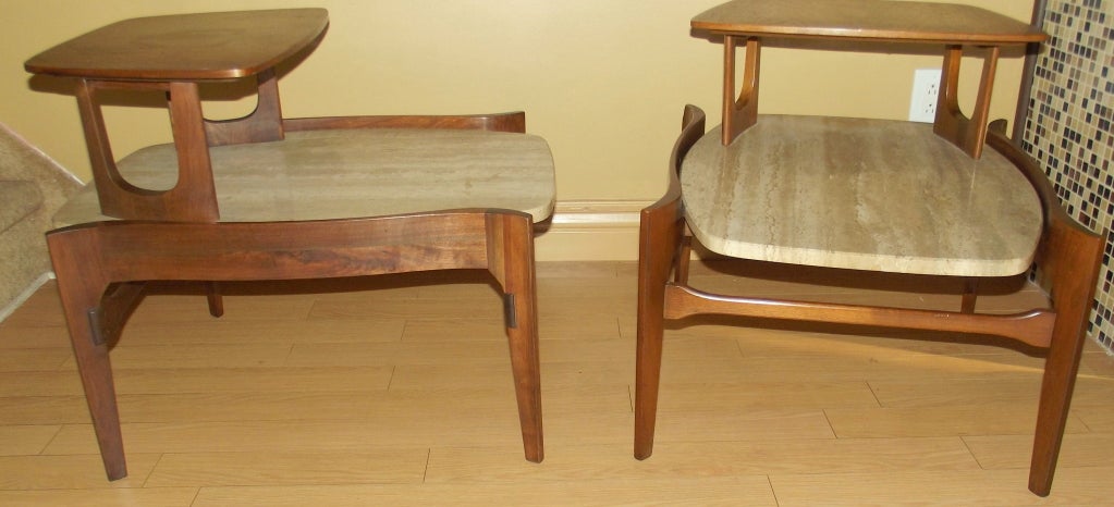 American Pair of Step-End Tables in Walnut & Floating Travertine Marble