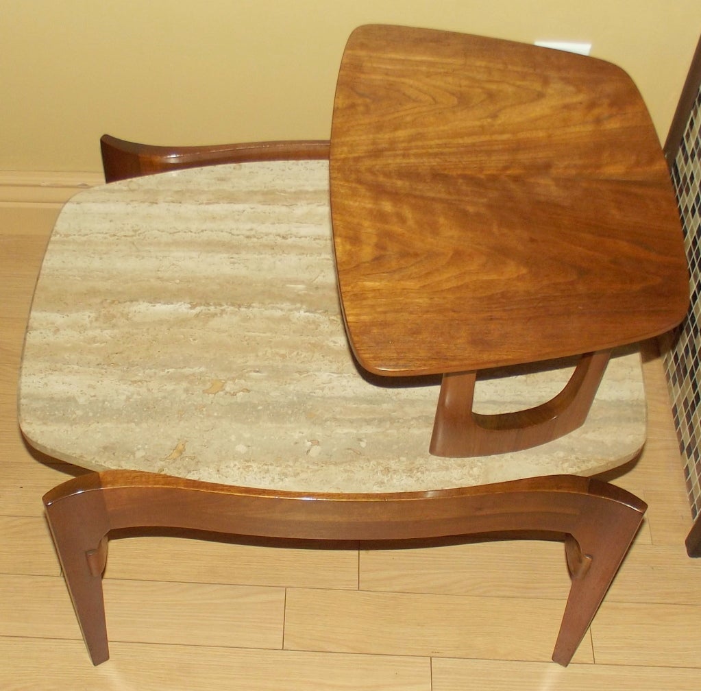 Pair of Step-End Tables in Walnut & Floating Travertine Marble 1