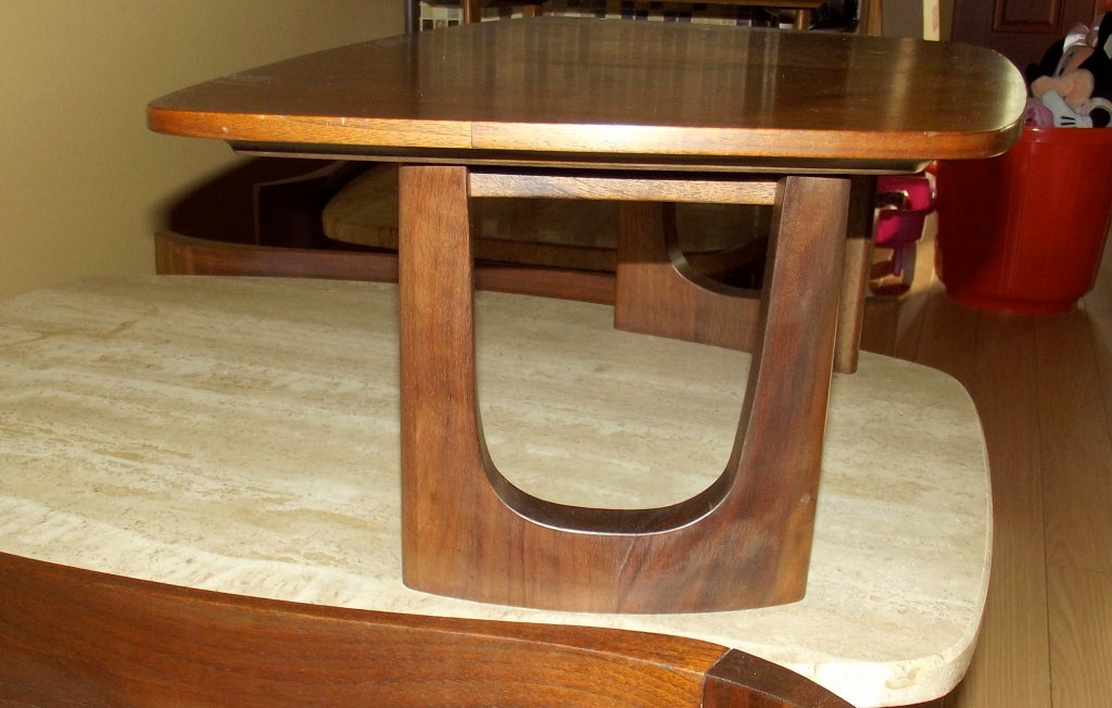 Pair of Step-End Tables in Walnut & Floating Travertine Marble 2