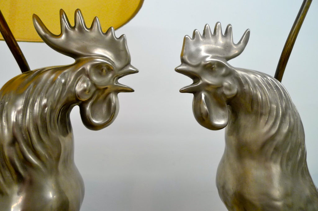 Mid-20th Century Pair of Silver Ceramic Strutting Cocks Lamps For Sale