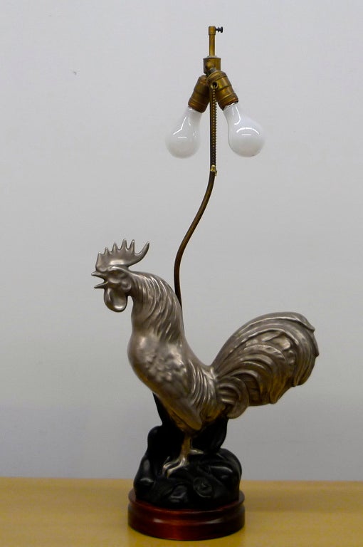 Pair of Silver Ceramic Strutting Cocks Lamps For Sale 1