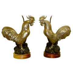 Pair of Silver Ceramic Strutting Cocks Lamps