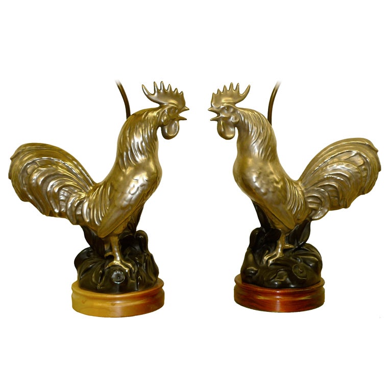 Pair of Silver Ceramic Strutting Cocks Lamps For Sale