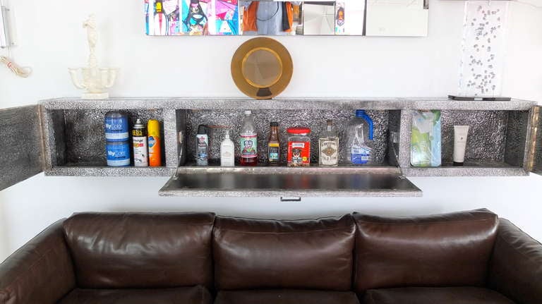 Brutalist Wall Mounted Bar Console Clad with Chrome Tile & Repousse Metal
