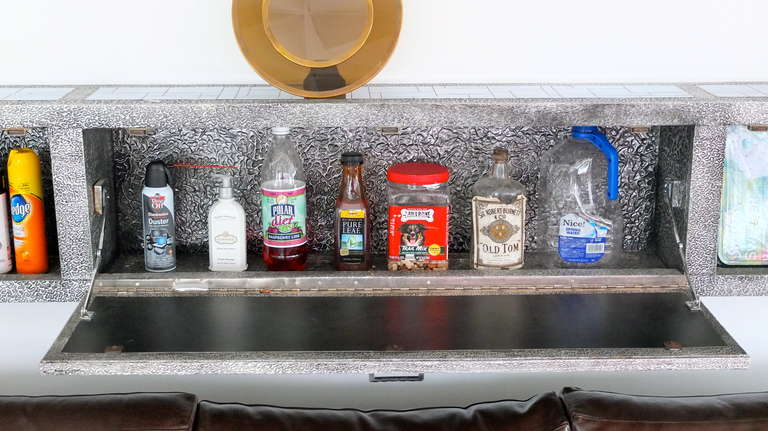 Wall Mounted Bar Console Clad with Chrome Tile & Repousse Metal 4