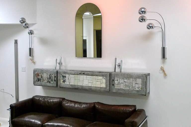 Wall Mounted Bar Console Clad with Chrome Tile & Repousse Metal In Excellent Condition In Hanover, MA