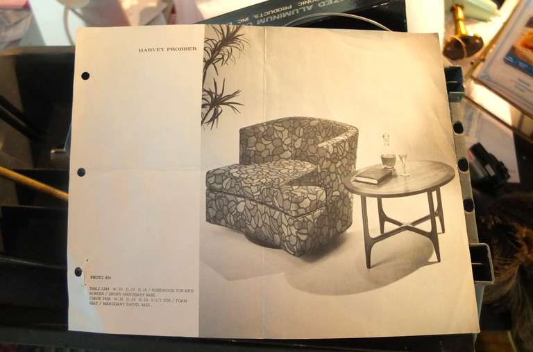Pair of vintage swivel lounge chairs by Harvey Probber, Model 303A. Foam seat, mahogany swivel base.  Swivel has return mechanism.