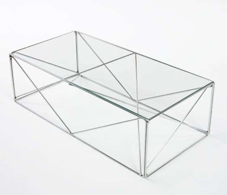 Seldom seen rectangular table frames made of chromed steel by French minimalist artist and sculptor, Max Sauze, for his Isocele collection, late 1960's early 1970's.

These can be used as cocktail tables or as pedestal display stands.

Price