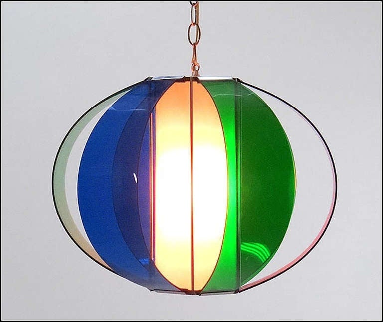 Lightolier pendant spherical in form composed of blue and green acrylic sections around a cylindrical center, Inspired by an original design by Angelo Lelii for Arredoluce.