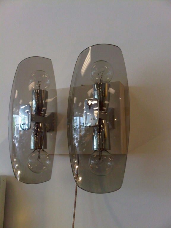 Mid-20th Century Pair of Italian Chrome & Smoked Glass Sconces For Sale