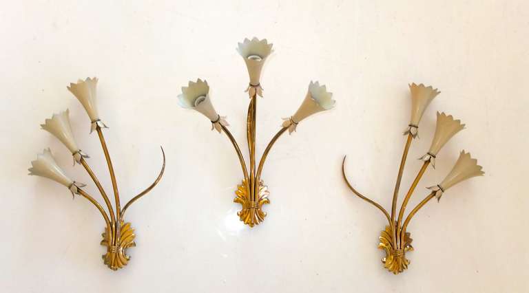 Set of three (left, middle and right) Italian sconces circa early 1950's, sinewy brass stems and tendrils like an organic floral bouquet. Ivory enameled aluminum cones with scalloped edges. Acanthus form shield as decorative backplate.  Each socket