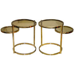 Retro Pair of Two Tier Brass & Bronze Glass Occasional Tables