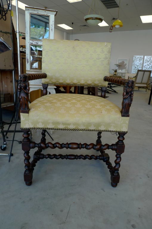 PRICE DISCOUNTED FOR 1STDIBS SATURDAY SALE – ONE WEEK ONLY. NO ADDITIONAL DISCOUNTS, NO HOLDS. ITEM WILL BE RETURNED TO REGULAR PRICING AFTER 7 DAYS.<br />
<br />
Jacobean style open arm chair with barley twist legs, arms and stretchers with two