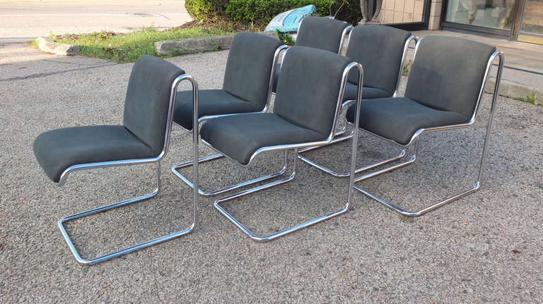 6 Thonet Dining Chairs Reverse Cantilevered Tubular Chrome  In Excellent Condition In Hanover, MA